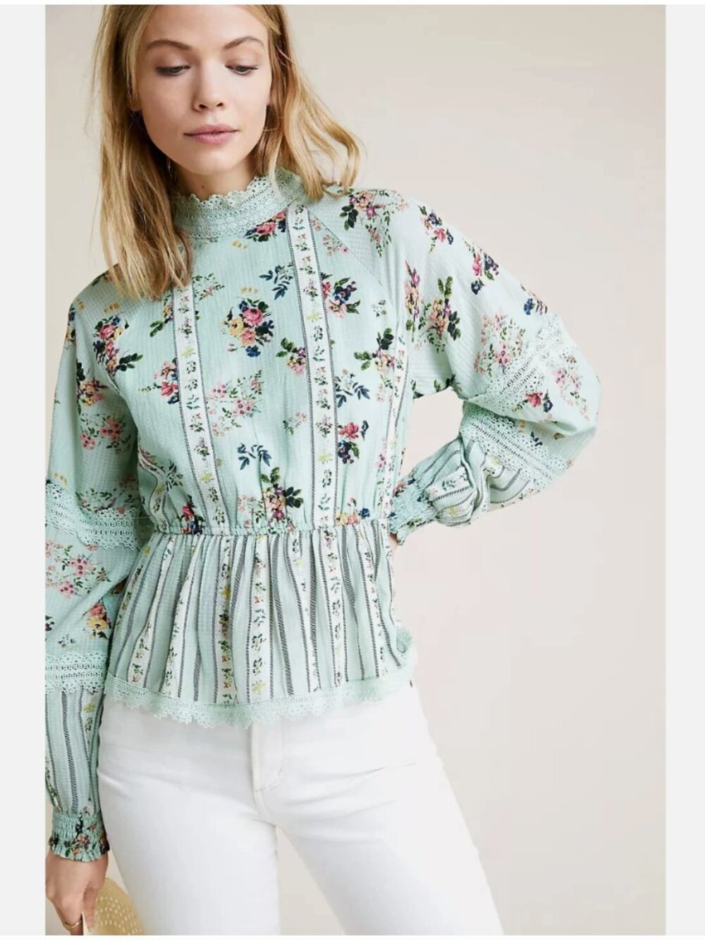 Anthropologie Hemant & Nandita Amour Floral Lace Blouse Top Mint Green Medium